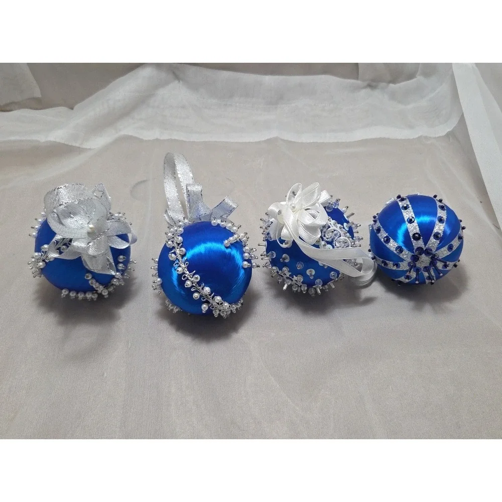 Vintage Handmade Christmas Ornaments With Ribbons- Set of 4 Royal Blue & White‎